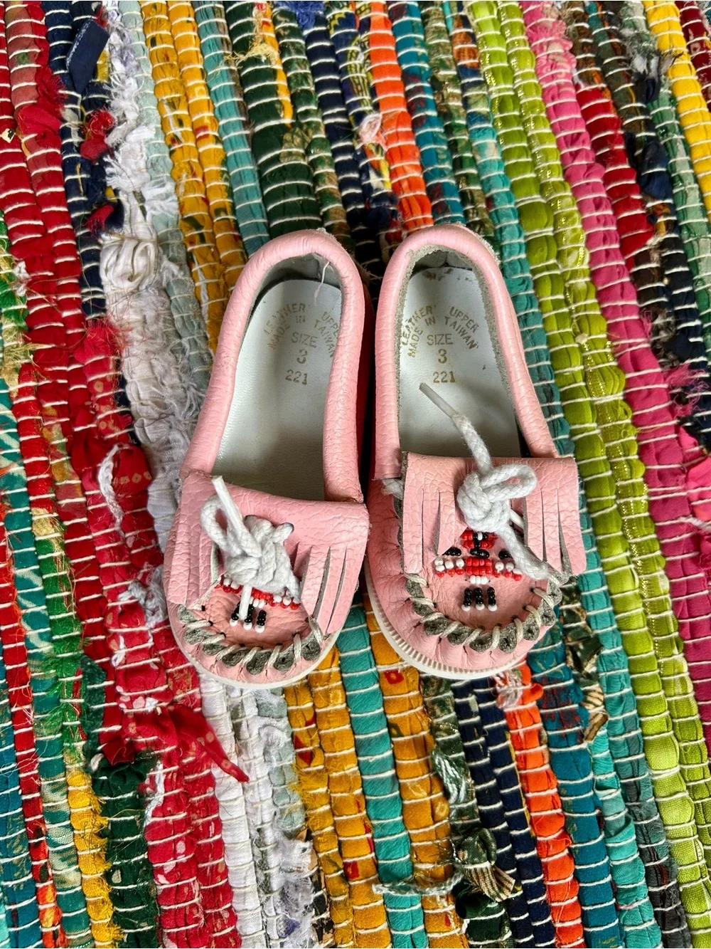 Vintage Infant Pink Beaded Moccasin Slip-On Shoes Toddler 3